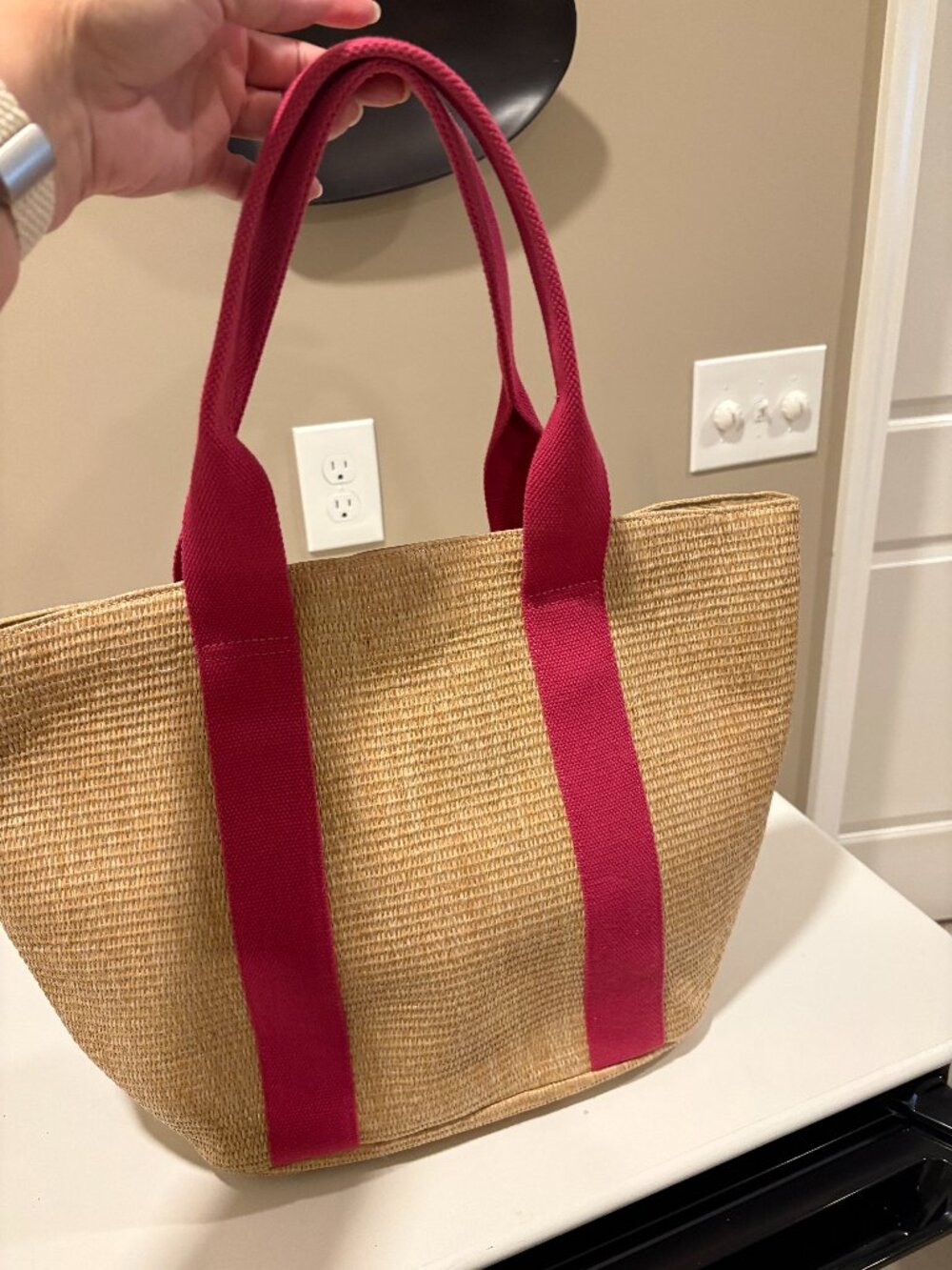 The Drop Women's Tracy Large Canvas Detail Straw Tote, Hot Pink